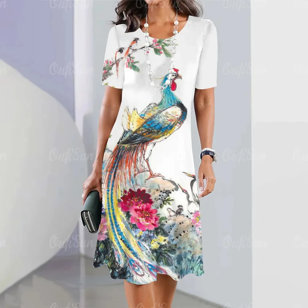 Femei Rochii de Vara Elegante Liber Fusta a-Line 3d Păuni Print cu Maneci Scurte de Moda de Îmbrăcăminte 2023 Vacanta Rochie Pentru Femei