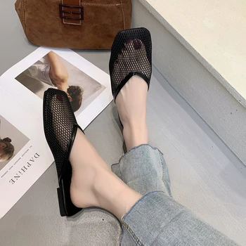 Nouă Femei Papuci de Moda Plasă Fund Plat Deget de la picior Pătrat Flip Flops Gol Casual Simplu Solidă Sandale