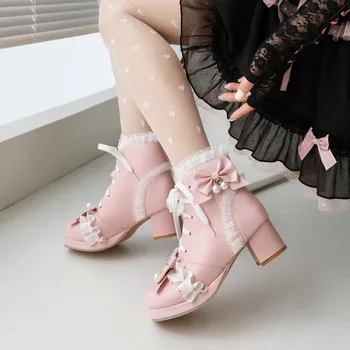 2023 nou toamna iarna Femei cizme glezna plus dimensiune 22-29CM pu superioară moderne cizme dantelă Perla Lanț Arc Lolita toc gros cizme