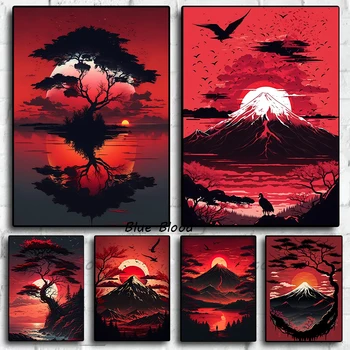 Japonez Clasic Stil Anime Roșu Apus de soare Peste Muntele Fuji Poster Pânză de Pictură și Imprimare Arta de Perete Tablou pentru Dormitor Decor Acasă