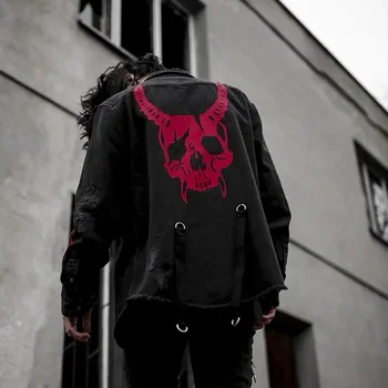 Întuneric Punk Jachete din Denim Bărbați Streetwear Hip Hop Craniu Imprimate Negru Jacheta Singur Pieptul Cowboy de sex Masculin Cămașă din Denim pentru Barbati S-3XL