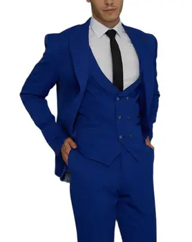 Cele mai recente Bărbați 3 Piese de Costume Pentru Barbati Personalizate Albastru se potrivesc Slim Fit Mirele Nunta Personalizate de sex Masculin Costum Masculino (Sacou+Pantaloni+Vesta+Cravata)
