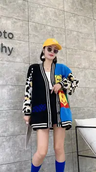 Street Moda Pulover imprimeu de Leopard Mozaic Tricotate Cardigan pentru Femei Pulover Fata Knited Haina