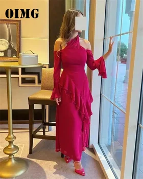 OIMG Nou Design Ștreangul de Rochii de Bal fără Mâneci Arabia arabe Ruched Sifon Volane Roșie Femei, Rochii de Seara Formale Rochie de Petrecere