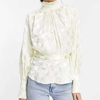 Elegant pentru Femei Tricou Nișă Design de Brand de Moda de Epocă de Sus Guler Înalt Talie Legat Solid de Culoare Doamna Senior Bluze