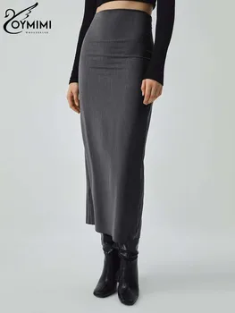 Oymimi Moda Gri Simplu Fuste Pentru Femei Casual De Talie Mare De La Jumătatea Vițel Fuste Streetwear Elegant Direct Fantă Fuste Femei