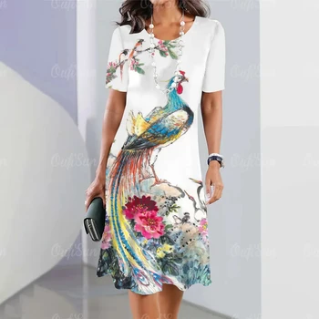 Femei Rochii de Vara Elegante Liber Fusta a-Line 3d Păuni Print cu Maneci Scurte de Moda de Îmbrăcăminte 2023 Vacanta Rochie Pentru Femei
