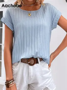 Aachoae De Vară De Moda Pentru Femei Culoare Solidă Bluze Camasi Casual, O-Gat Maneci Scurte Topuri Doamnelor De Bază Chic Albastru Topuri Largi