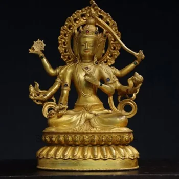 Rare Antice Tibetane din Bronz Aurit și Gem Încrustat Statuie a lui Buddha