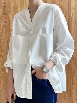 [LANMREM] Minimalism V-neck Tricou Femei Solide Singur Pieptul Maneca Lunga Moda Femei Bluze Elegante 2024 Primăvară Nouă 26D829