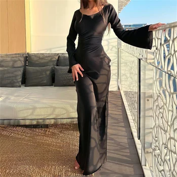 2024 Noul Negru Satin Rochie Lunga pentru Femei Elegante, O-Gat Lung Flare Sleeve Bodycon Dantela sus Glezna Lungime Halat Vestidos
