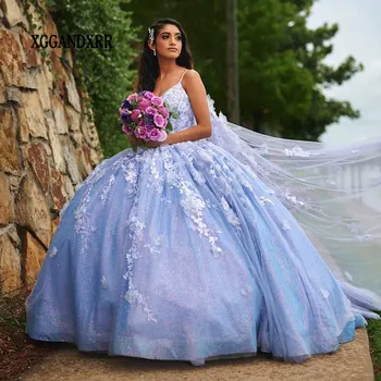 Albastru Rochie Quinceanera 2024 3D Florale Fluture cu Paiete, Printesa Rochie de Bal Dulce 15 Vestidos De XV Años de Petrecere Rochie cu Pelerina