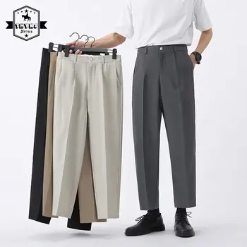Bărbați Subțire Slim Fit Pantaloni Costum de Afaceri coreean Lumina Lux Vrac Casual Pantaloni Drepte de sex Masculin Culoare Solidă Simplu Trunchiate Pantaloni