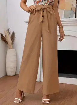 Moda Largă Picioare Pantaloni Femei cu Dantelă-Up Butoane Lenjerie de pat din Bumbac Elastic Liber Casual Pantaloni Talie Mare 2023 Noi de Vânzare Fierbinte
