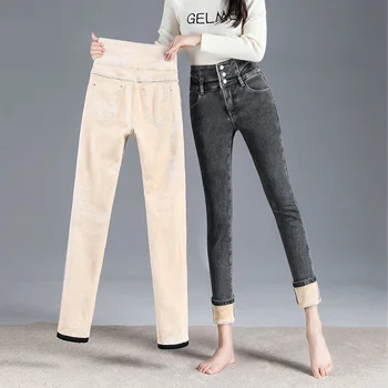 Coreeană Gros Adauga Catifea Pantaloni Din Denim Zăpadă Poarte Cald Cașmir Blugi Skinny Femei Vintage Slim Talie Mare Întindere De Iarnă Vaqueros