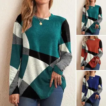 Bluza Geometrice Mozaic de Culoare Topuri Elegante, O-neck Bluze cu Mâneci Lungi Buton Decor Vrac se Potrivi Tunica pentru Femei