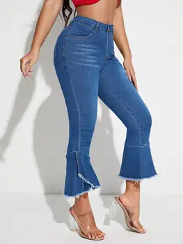 Femei Flare Jeans Elastic Slim Fit Straight Leg Blugi Largi Picior Strada Neregulate Tiv Blugi Femei