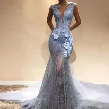 Argint Prom Rochii Sirenă V-neck Tul Aplicatii de Dantela Fantă Sexy Dubai arabă Lungi de Bal Rochie de Seara, Rochie De Petrecere