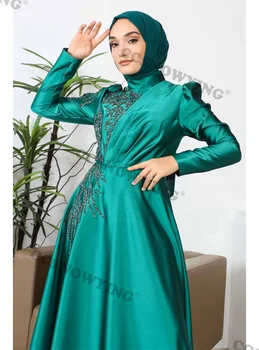 Aplicatii Cu Margele Musulman Rochii De Seara Din Satin Cu Maneci Lungi Hijabul Islamic Formale Rochie De Petrecere Arab Dubai Femei Robe De Soirée