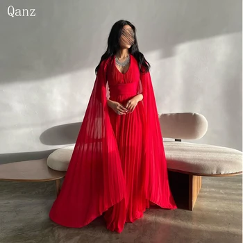 Qanz Roșie Lungă Șifon Rochie de Bal Abendkleider Dubai O Linie Arabe Mâneci Capac Încreți Rochii Pentru Femei 2023 Femei Rochie de Seara