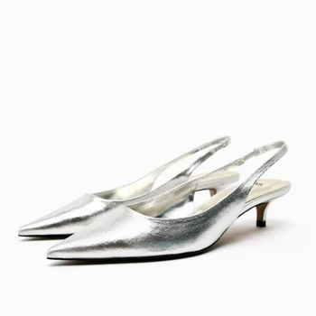 TRAF de Vară de Argint Tocuri Sandale 2023 Pentru Femei a Subliniat Toe Stilet Doamnelor Moda Birou Pompe Femeie Petrecere Chic Pantofi Noi