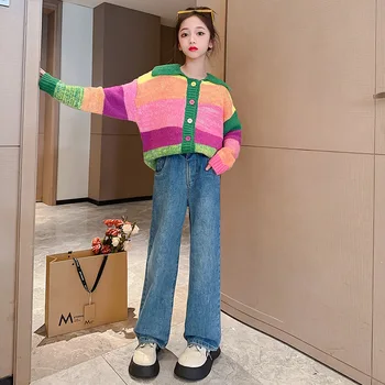 2023-coreean Primavara Toamna pentru Copii Cardigan Knitwears Fete Pulover Fata de Junior Pulover supradimensionat Elementară de Fete, Topuri Tricotate