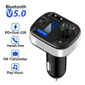 Auto FM Transmitter Dual USB PD Tip C de Încărcare Rapidă Bluetooth 5.0 Handsfree Car Kit Audio MP3 Modulator Player Suport TF Card