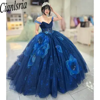 Albastru inchis cu Sclipici Paiete Crystal Ball Rochie Quinceanera Rochii De pe Umăr Flori 3D Corset Vestidos De 15 Ani