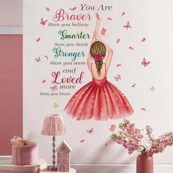 Rochie rosie Fetita engleză Sloganul Fluture Perete Autocolante Auto-adezive din PVC Home Decor pentru Camera de zi Dormitor