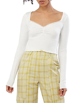 Femei Slim Fit Topuri cu Maneci Lungi T-shirt Y2K V Neck Crop Top Dantela Pulovere de Toamna Casual Tricou Retro E-fata de Streetwear