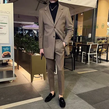 Noul Boutique (Sacou + Pantaloni) Costum pentru Bărbați Britanic coreeană Versiunea Slim Casual de lungime medie de Lână Rochie de Mireasa din 2 piese
