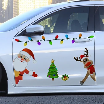 Stiker Mobil Magnetis Dekorasi Natal Stiker Reflektif Katai Santa Orang-orangan Salju Bohlam Magnet Kulkas untuk Rumah Mobil