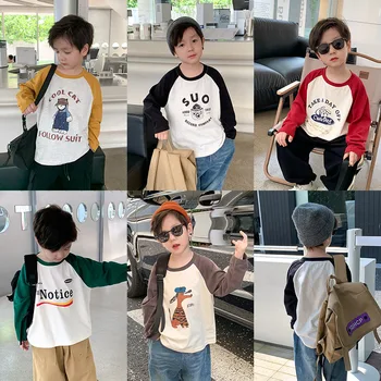 Copii coreeană versiunea de top toamna băieți și fete, copii de desene animate de umăr de culoare cu mâneci lungi T-shirt trend