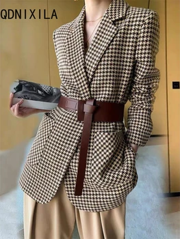 Femei Sacou Lână cu Buzunare Impartita Jachete Toamna Iarna Houndstooth Vintage Lady Palton Supradimensionat Sacouri pentru Femei