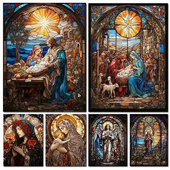 Maria Mama lui Dumnezeu Vitralii Plin 5D Diy Diamant Pictura Nașterea Mântuitorului Isus Hristos DIY Broderie Cusatura Cruce W444