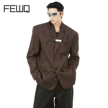 FEWQ Deconstrucție Blazer Mare Stradă pentru Bărbați de Nișă Design Jachete Costum de Metal Decor de Moda coreeană Pad Umăr Haina 24B3267