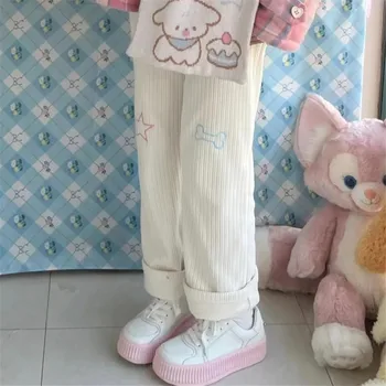 Drăguț Plus Catifea Harajuku Kawaii Alb, Pantaloni De Catifea Femei Stil Japonez Dulce Drăguț Pantaloni Largi Picior Pantaloni De Lână Broderie