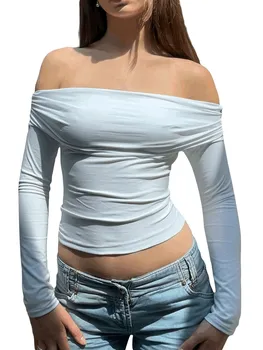 Femei Y2K Pe Umăr Culturilor Topuri Drăguț Merge Maneca Lunga Top Sexy Backless Slim Fit T-Shirt Casual Streetwear