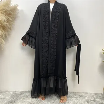 Dantelă de moda Împletit Musulman Abaya Dubai toată Lungimea Flare Sleeve Lace Abaya Dubai Turcia Musulmana Islam Haina cu Centura WY1391