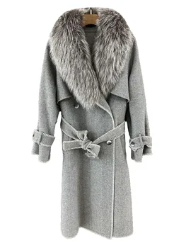 Tweed sacou rever lung cu curea vrac se potrivi single-breasted design cald și confortabil 2023 iarna noi 1125